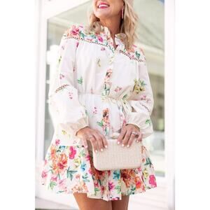 NWT Avara Lilah Floral Long Sleeve Mini Shirt Dress White Multi Women's Size XS